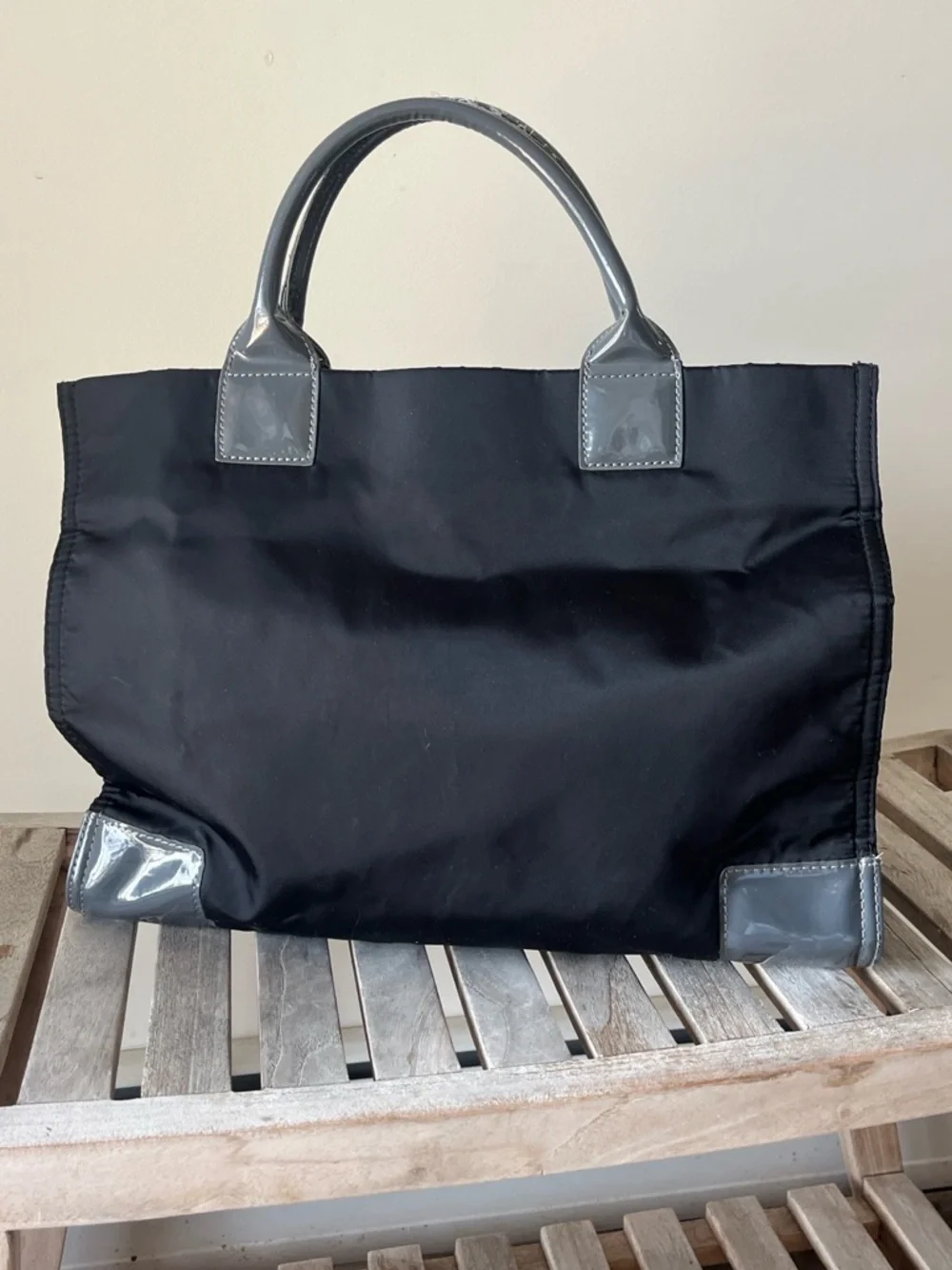 Tory Burch Ella Tote - Large Black Nylon Shoulder Bag with Patent Logo